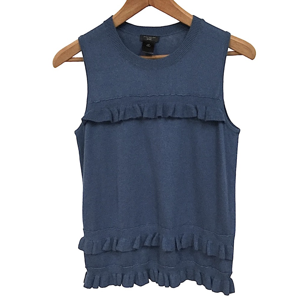 ANN TAYLOR FACTORY sz Medium Petite Sweater Lightweight Ruffled Sleeveless Blue